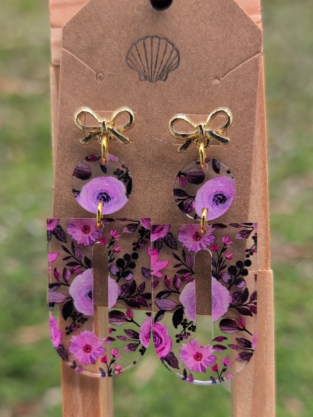 Gold Bow Purple Floral Drop Earrings